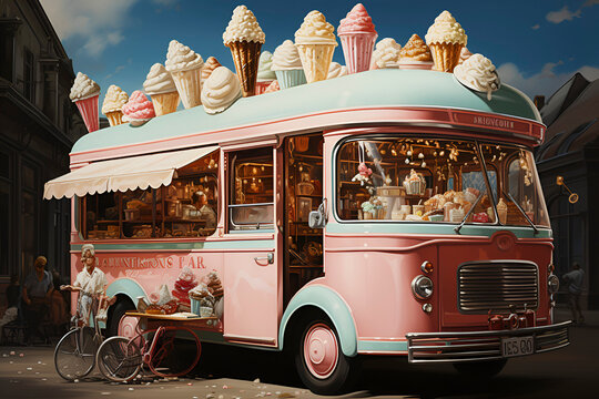 pink trailer covered with ice cream, food truck. Ice cream on wheels AI generated