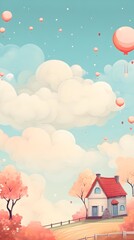 Illustrated cloudscape with a houses in dream world