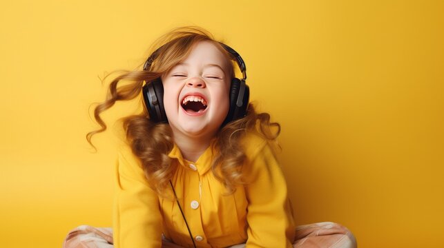 Happy girl with Down syndrome having fun and laughing. She is listening to music in headphones. Yellow background