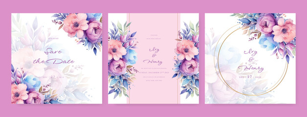 Soft pink floral wedding invitation and menu template
