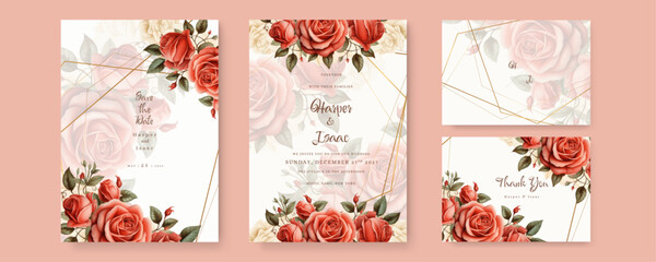 Vector floral wedding invitation template set with pink and peach watercolor roses and leaves decoration.