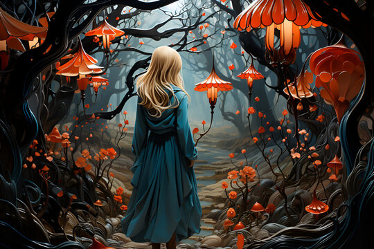 A young woman walks through the fabulous forest of elves, mysterious plants. created by AI