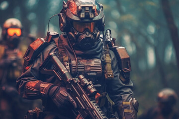 Obraz premium War concept. A bearded soldier in a special forces uniform fighting an enemy in a forest area. Selective focus Generative AI