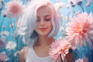 Obraz na płótnie Canvas Woman with flowers. Pastel colors. Spring concept.
