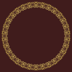 Oriental round frame with arabesques and floral elements. Floral golden border with vintage pattern. Greeting card with place for text