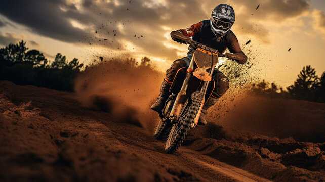Motocross, enduro rider accelerating in dirt track with debris flying away Generative AI