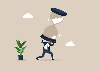 Businessman carrying and trying to stop sandglass before it fall. Project deadline, running out of time or time management. Flat vector illustration - obrazy, fototapety, plakaty