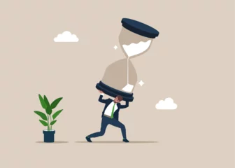 Foto op Canvas Businessman carrying and trying to stop sandglass before it fall. Project deadline, running out of time or time management. Flat vector illustration © Vadym