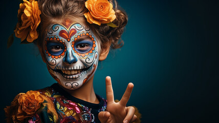 The day of the dead Calavera Catrina. Portrait of woman with traditional sugar skull makeup. Mexican festival Dia de los Muertos celebration. Halloween costume. Generative AI