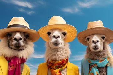 Fotobehang Group of lamas in a field. Vivid colors. Summer sunny day. © Femmes.Digital