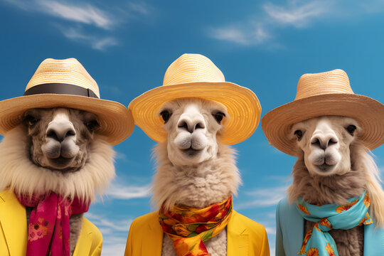 Group of lamas in a field. Vivid colors. Summer sunny day.