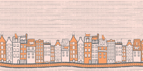 Vector beige orange city border seamless pattern