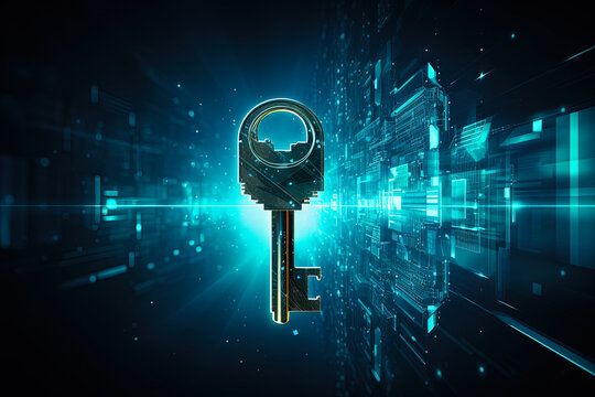 Key on dark blue computer digital background. Internet technology, information security and web access concept