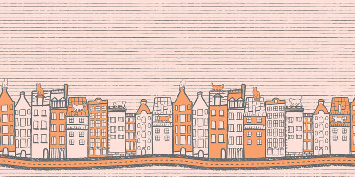 Vector beige orange city border seamless pattern