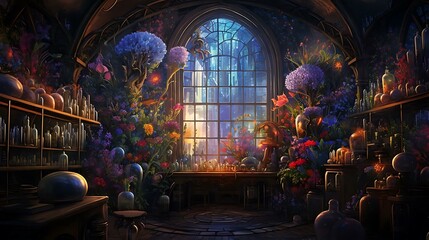 Obraz premium a room with a large window and flowers