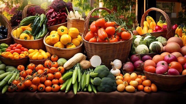 baskets of vegetables and fruits