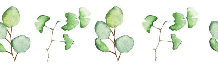 Seamless pattern green leaves trees and branches, foliage of natural branches, green leaves, herbs, tropical plants hand drawn watercolor on white background.