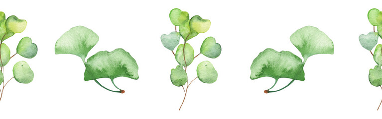 Seamless pattern green leaves trees and branches, foliage of natural branches, green leaves, herbs, tropical plants hand drawn watercolor on white background.