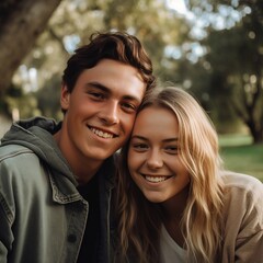 Obraz premium beautiful young couple at the park - generative ai