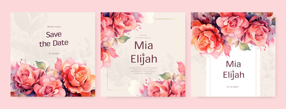 Wedding Invitation with Save the Date, RSVP, Thank You Card. Vintage Wedding invitation template with Flower