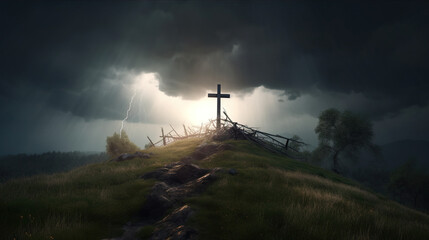 Holy Catholic Cross on a Hill on a Stormy Day Biblical