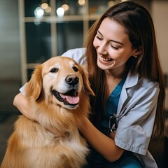 Woman with Happy Dog: Veterinary Care and Treatment
