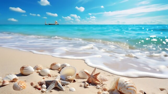 a beach with shells and a starfish