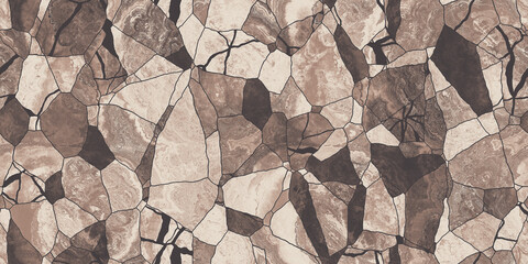Seamless cracked kintsugi natural stone patchwork background texture. Abstract broken marble tile cobblestone backdrop pattern in a timeless neutral warm beige and brown earth tones color palette. © Unleashed Design