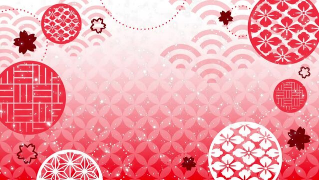 和風な花の背景（赤）　七宝や円形の装飾　和柄にラメがキラキラ光るアニメーション