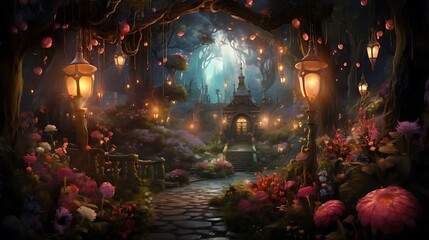 a garden with lights and flowers