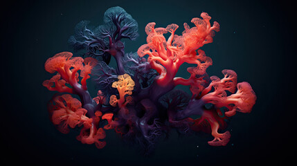 Red orange coral and dark blue coral underwater