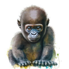 Baby Gorilla Watercolor Art, Generative AI
