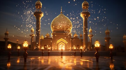 3D cartoon illustrations of mosques and lanterns produced for the holy festival.AI generated.
