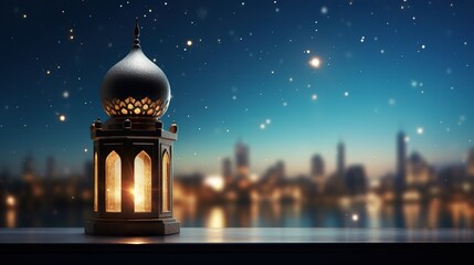 3D cartoon illustrations of mosques and lanterns produced for the holy festival.AI generated.