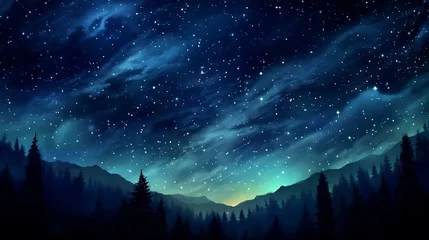 Foto op Plexiglas a starry night sky over trees and mountains © KWY