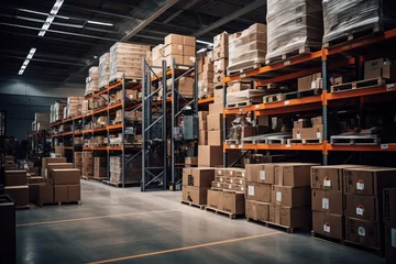 Zelfklevend Fotobehang Schip Cardboard Box Suppliers Warehouse, Generative AI