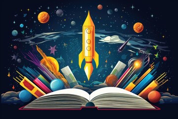 open book with color illustrations of various school subjects on the background, Generative AI