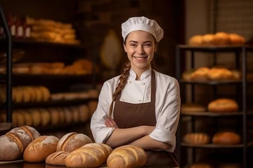 Foto auf Acrylglas Bäckerei Portrait of a young female baker with fresh bread in the bakery