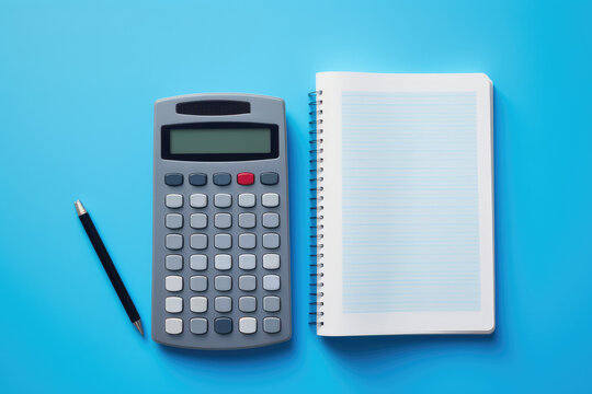 notebook and calculator on a blue background, top view, Generative AI