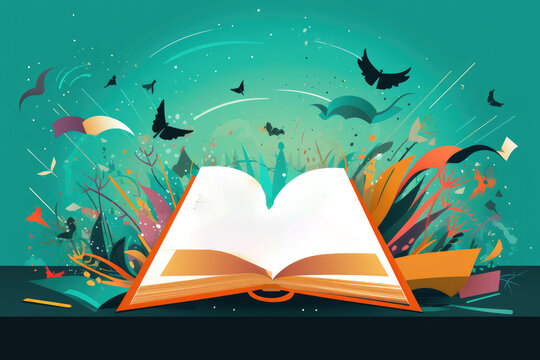 open book with color illustrations of various school subjects on the background, Generative AI