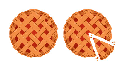 Pie top view. Cooked tasty round food pastry pie desserts exact vector illustrations - obrazy, fototapety, plakaty
