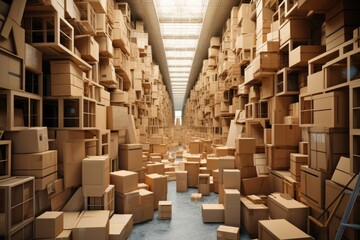  Warehouse Filled With Neatly Stacked Cardboard Box, Generative AI 