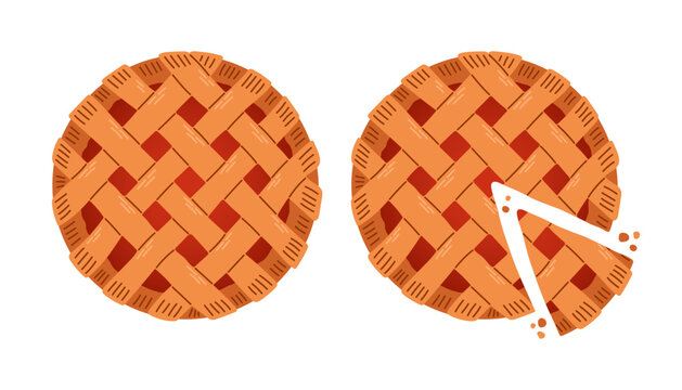 Pie top view. Cooked tasty round food pastry pie desserts exact vector illustrations