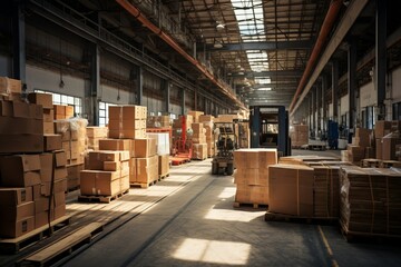 Warehouse Floor With Cardboard Boxes, Generative AI