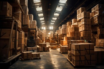 Warehouse With Pallets Of Cardboard Boxes, Generative AI