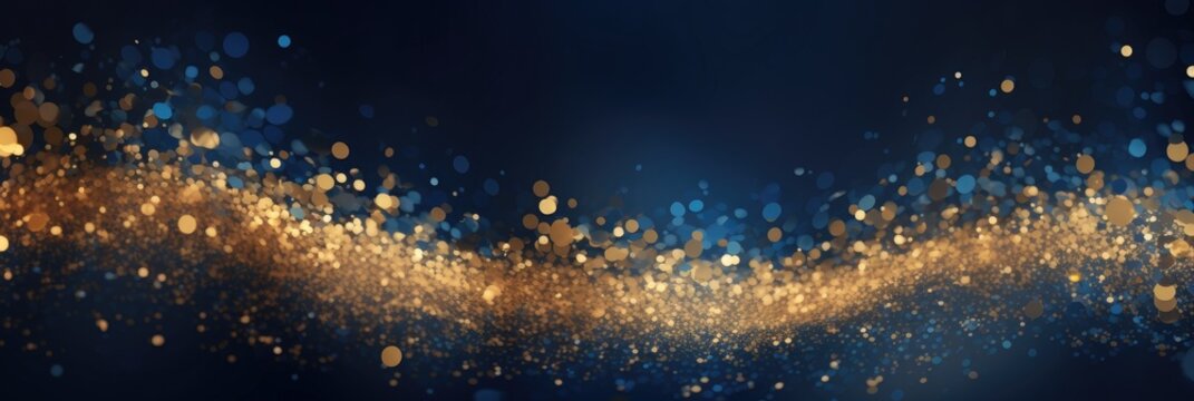 Abstract golden stars glittering particles on blue background. Generative AI