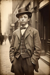 Young boy posing on city street, 1890 vintage photo, Generative AI
