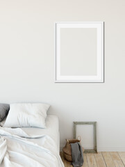 White wooden Frame Mockup in a white Minimalist Bedroom