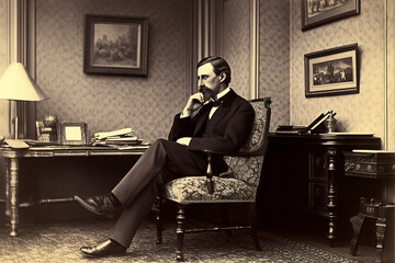 Rich man aristocracy, banker, businessman sits in chair in drawing room, 1890. Vintage photo made with Generative AI  - obrazy, fototapety, plakaty
