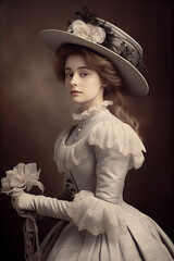 Beautiful young lady portrait in hat.  Vintage photo 1890, Generative AI